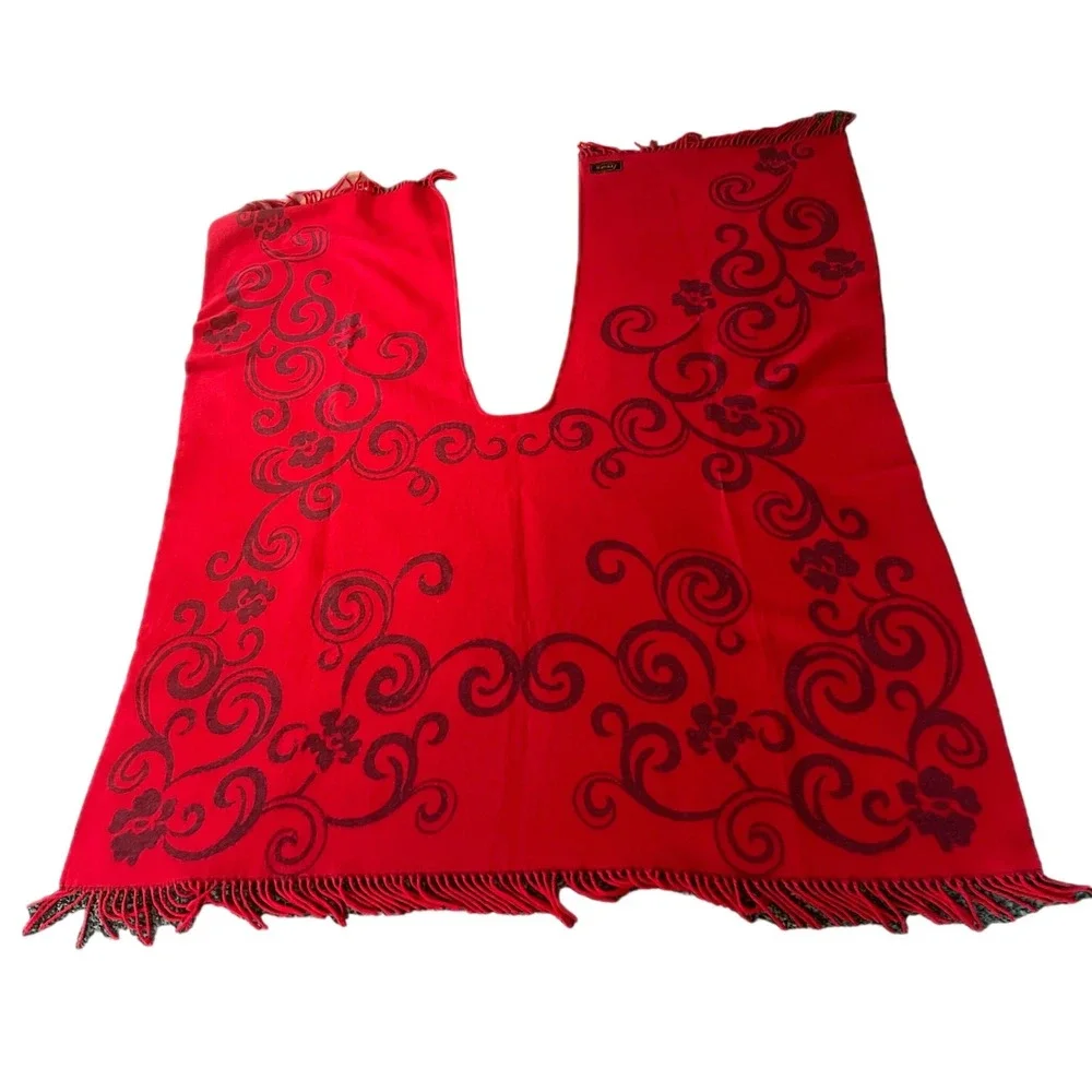 Iraise Red Burgundy Floral Scroll Fringe Poncho Wrap Reversible One Size Fall